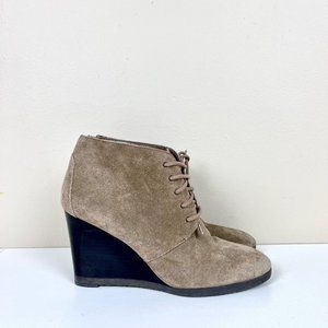 Franco Sarto Weston Taupe Brown Tan Suede Leather Lace Up Wedge Ankle Booties